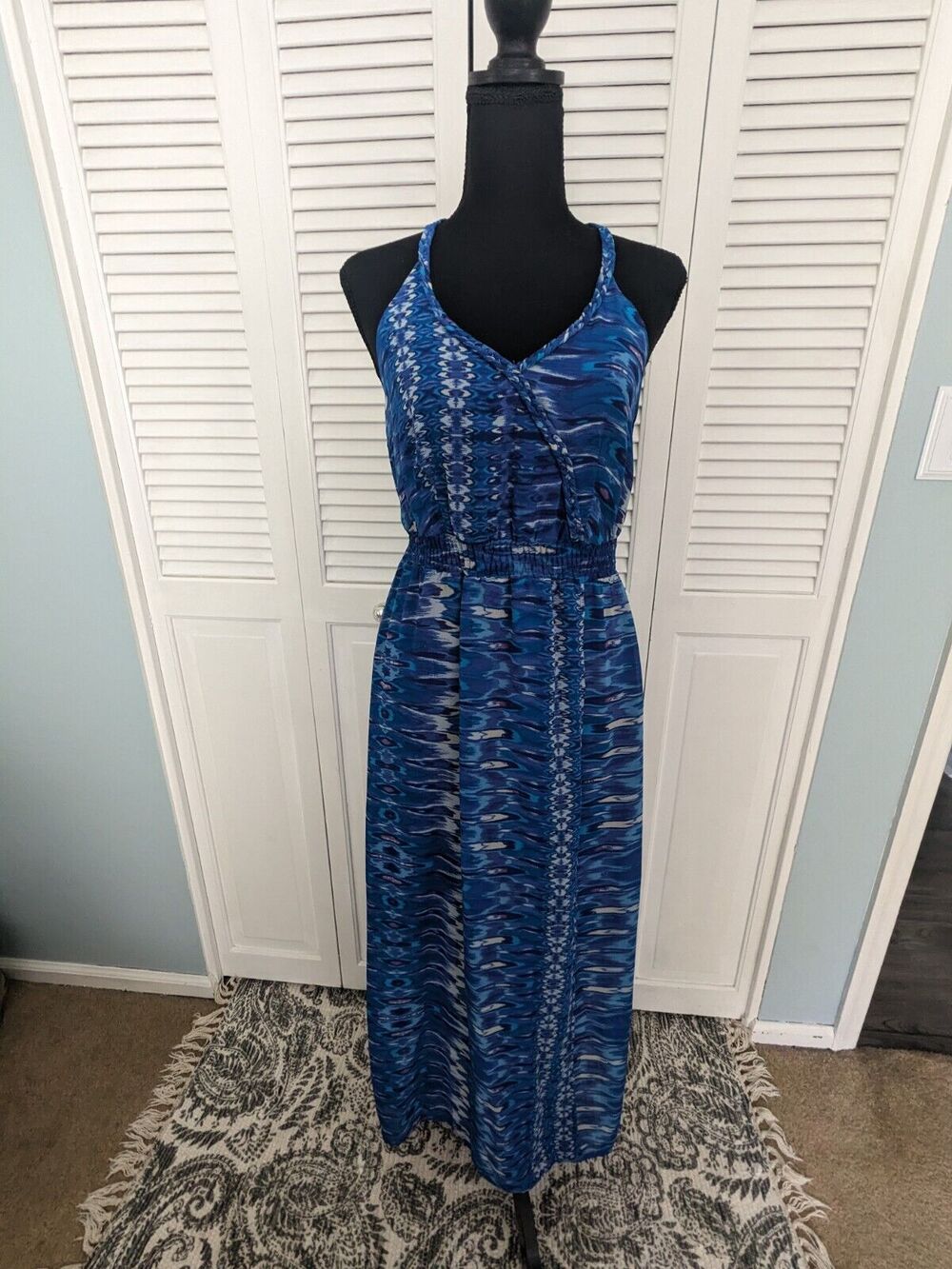 Charlie Jade Dress Womens sz S Sleeveless Maxi Blue Watercolor Faux Wrap Chiffon
